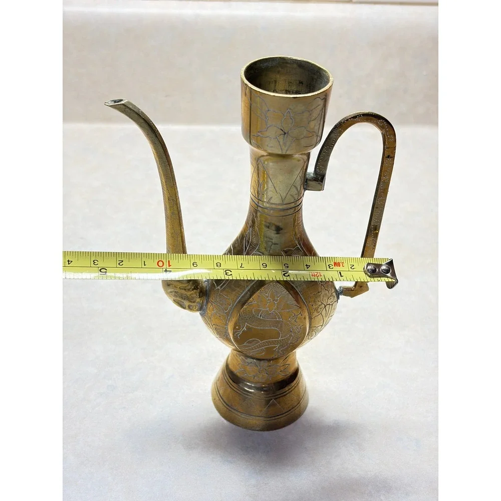 Vintage Etched Brass Ewer Pitcher Dragon Floral Design Decorative Accent FLAW 7" - Picture 11 of 12